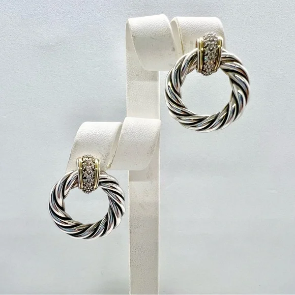 David Yurman Sterling Silver 18k Diamond Cable Door Knocker Earrings - Picture 9 of 12